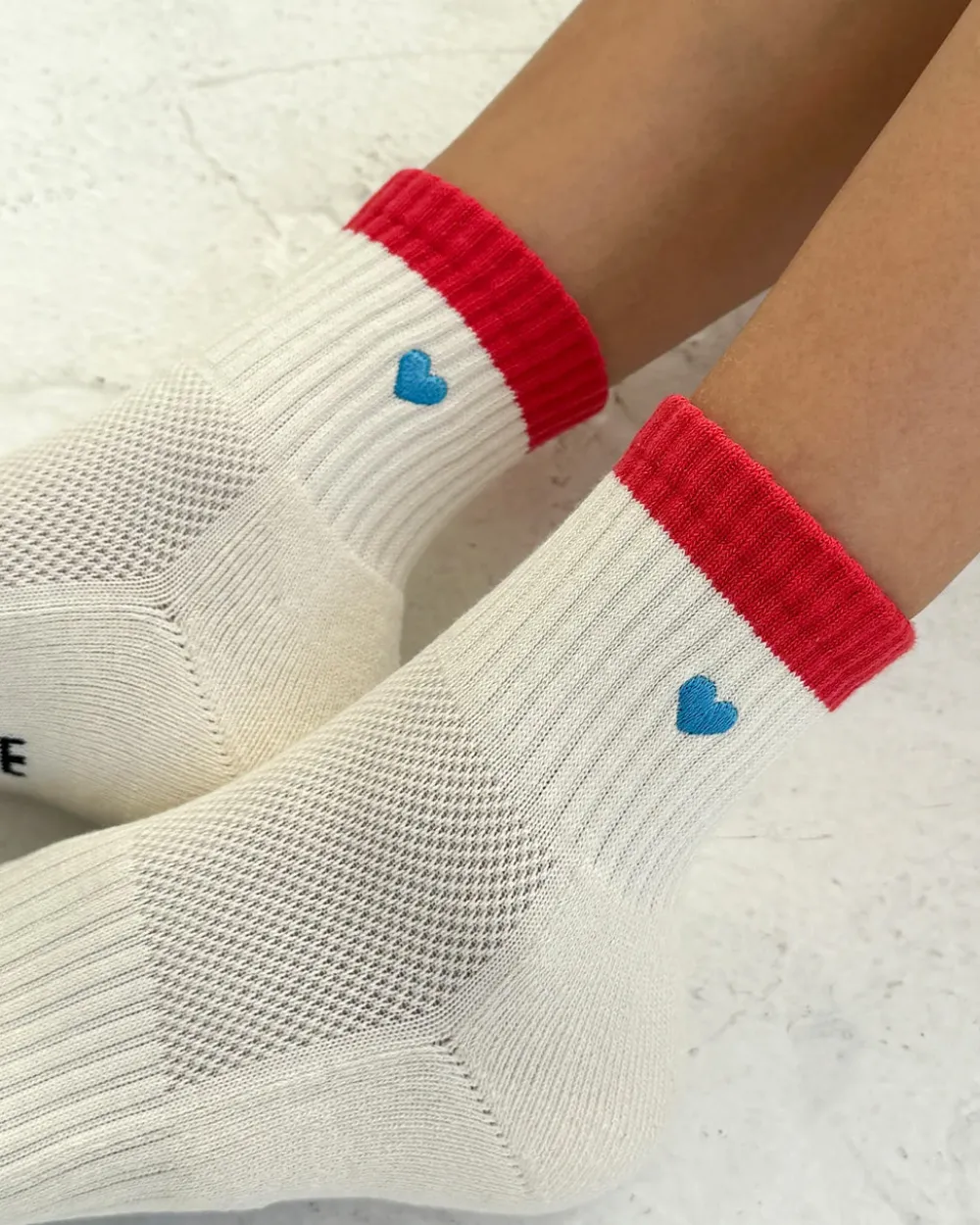 Le Bon Shoppe Embroidered Color Block Girlfriend Socks - Blue Red + Heart^ Socks + Slippers
