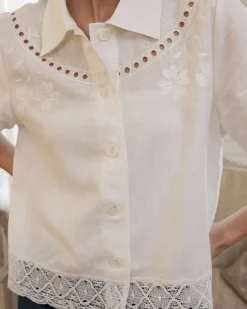 RAISONNEL Embroidered Lace Trim Button Blouse - Ivory^ Tops