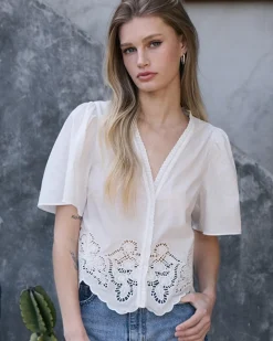 RAISONNEL Embroidered Scallop Hem Puff Sleeve Blouse - White^ Tops