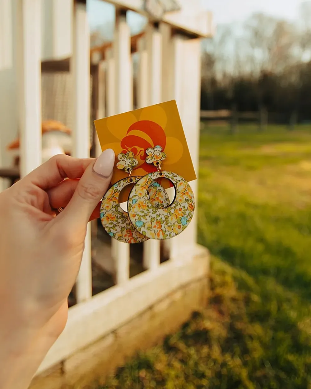 Chicka & Co Floral Fabric Wood Earrings^ Jewelry