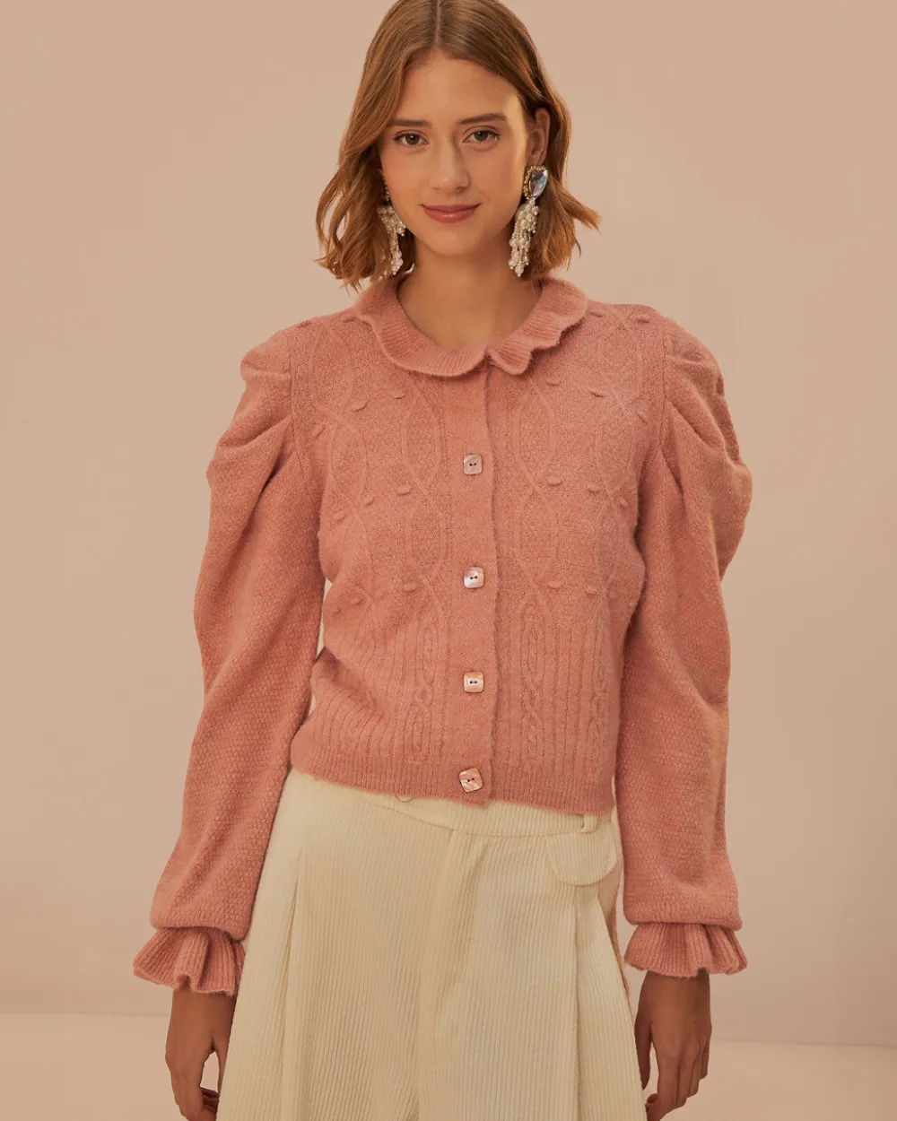 Farm Rio Light Pink Ruffle Knit Cardigan^ Sweaters
