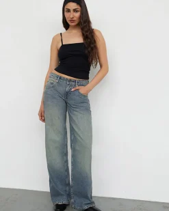 Motel Rocks Low Rise Parallel Jeans - Extreme Blue Green^ Bottoms