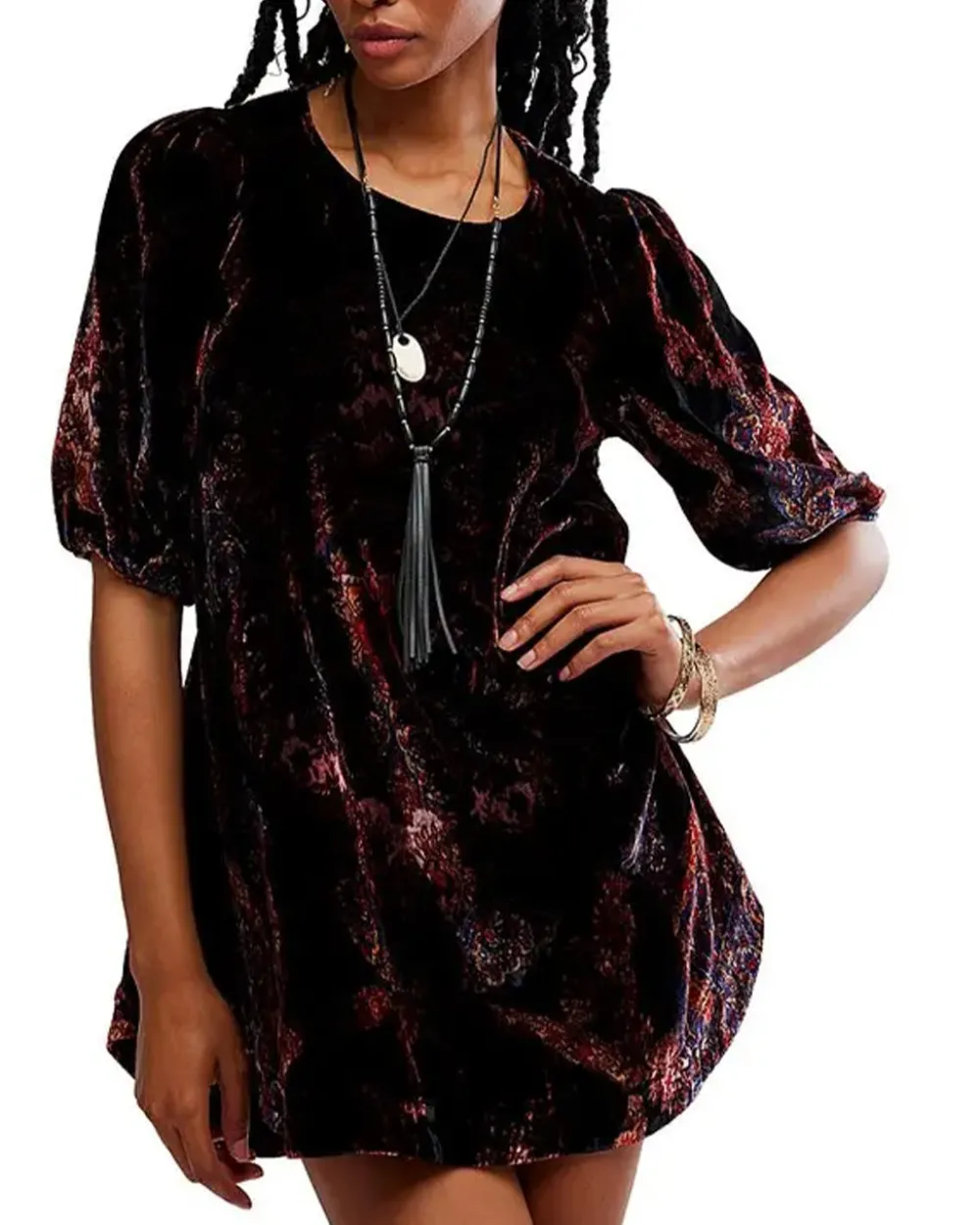 Free People Maye Printed Velvet Tunic - Dark Black Combo^ Tops