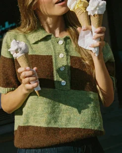 Lisa Says Gah Molly Polo Sweater - Mocha + Pistachio Stripe^ Sweaters