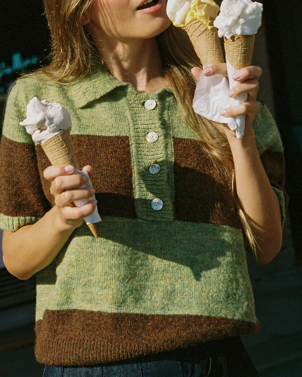 Lisa Says Gah Molly Polo Sweater - Mocha + Pistachio Stripe^ Sweaters