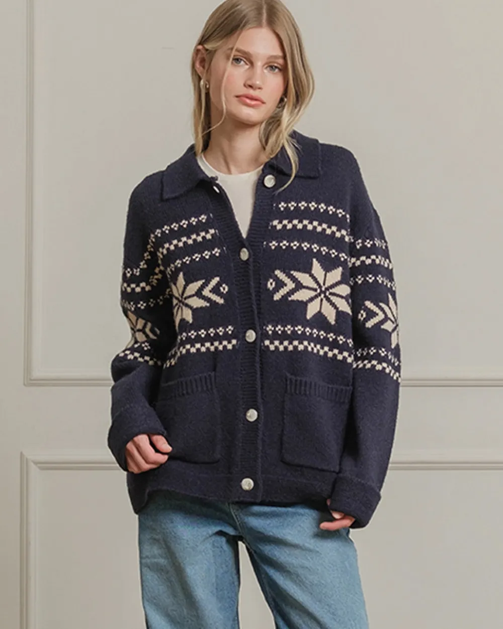 RAISONNEL Nordic Snowflake Knit Cardigan - Navy^ Sweaters