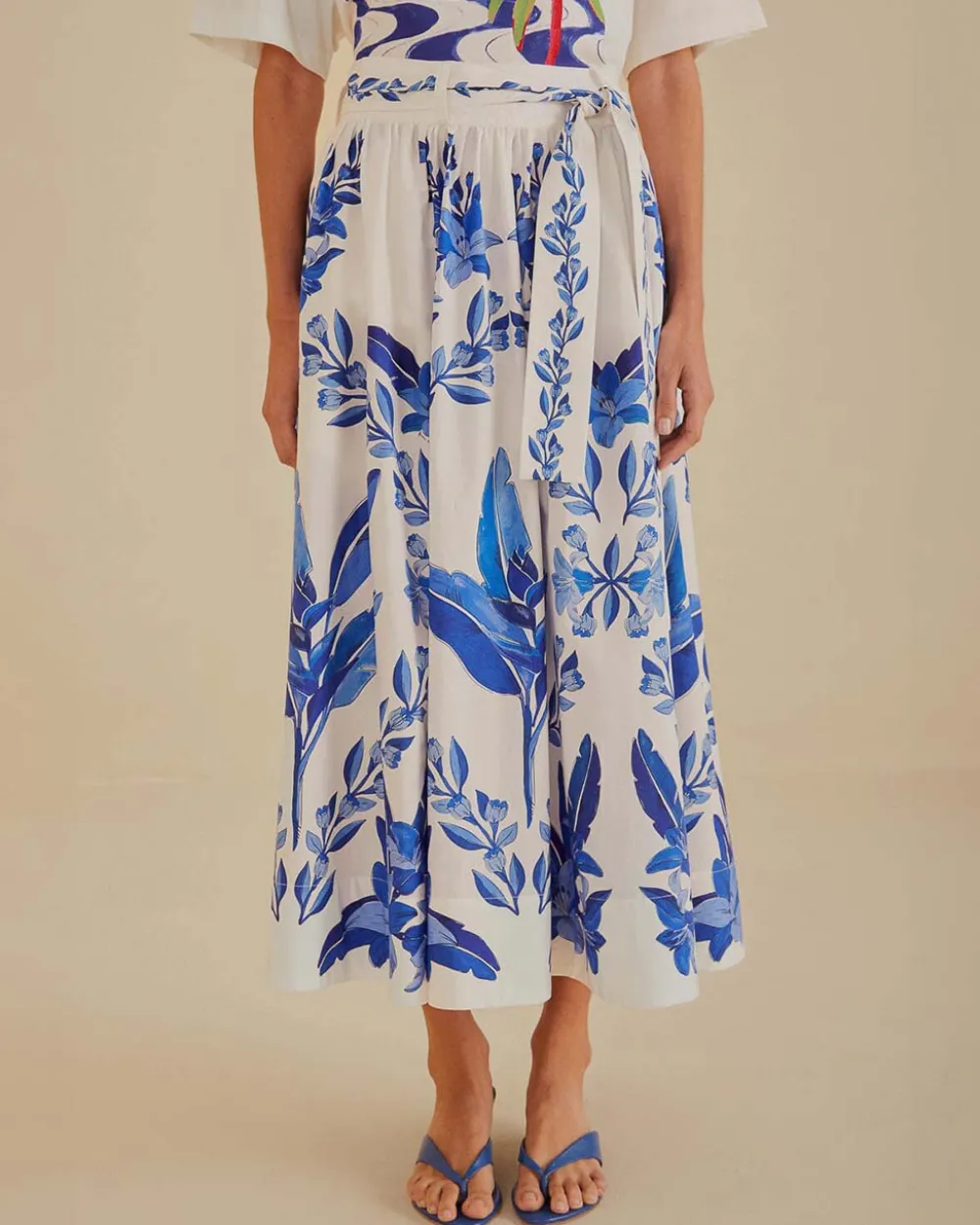 Farm Rio Off-White Blue Yard Organic Cotton Midi Skirt^ Bottoms