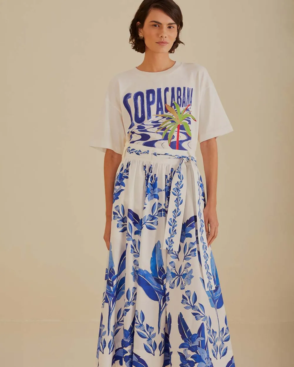 Farm Rio Off-White Blue Yard Organic Cotton Midi Skirt^ Bottoms