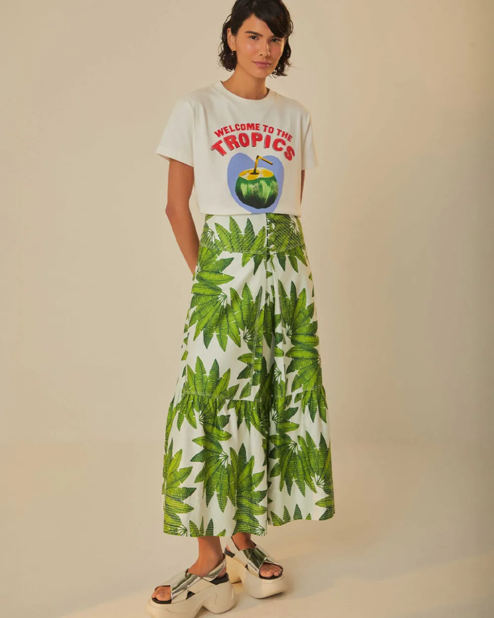 Farm Rio Off-White Palm Fan Organic Cotton Maxi Skirt^ Bottoms