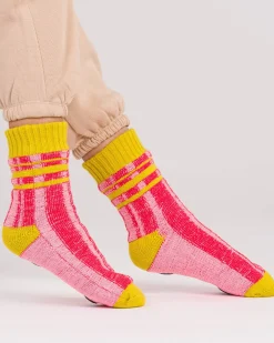 Verloop Plaid Stripe House Socks - Pink Red^ Socks + Slippers