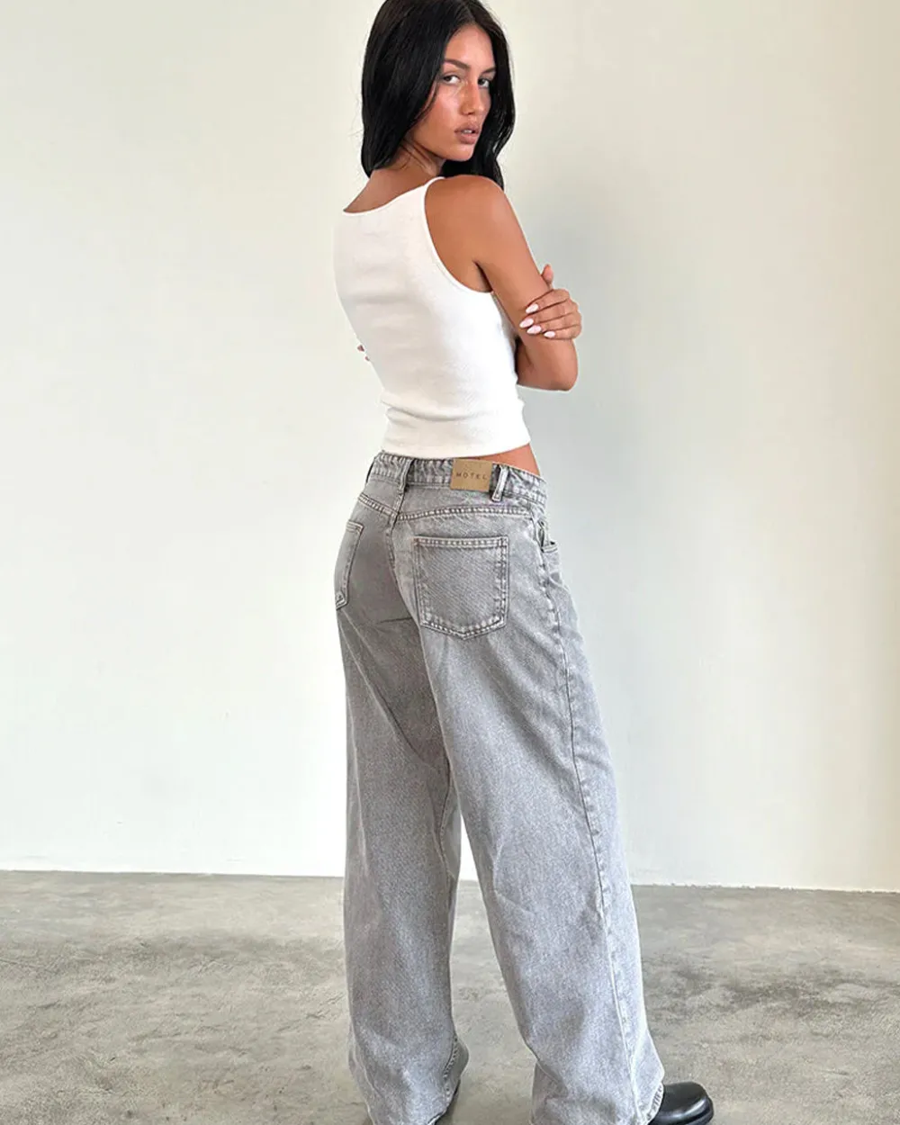 Motel Rocks Roomy Extra Wide Low Rise Jeans - Grey Wash^ Bottoms