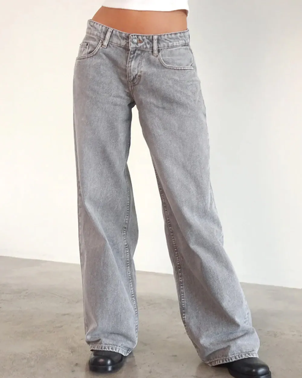 Motel Rocks Roomy Extra Wide Low Rise Jeans - Grey Wash^ Bottoms