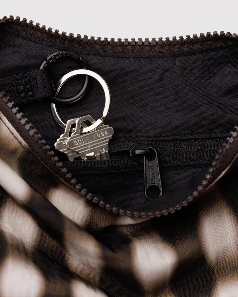 Baggu Small Nylon Crescent Bag w/ Key Leash - Blurred Gingham Brown^ Bags