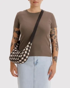 Baggu Small Nylon Crescent Bag w/ Key Leash - Blurred Gingham Brown^ Bags