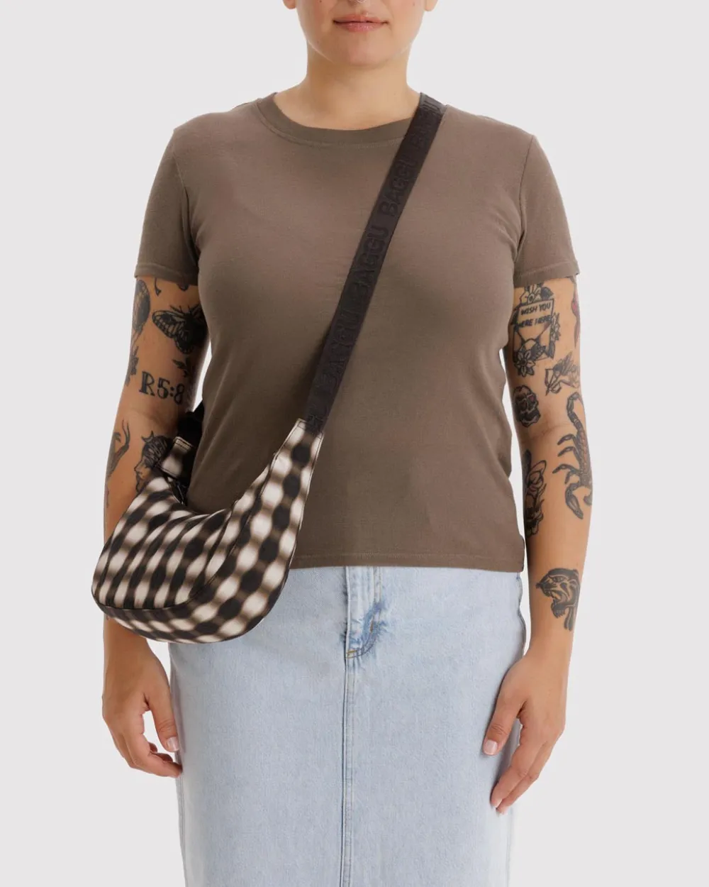 Baggu Small Nylon Crescent Bag w/ Key Leash - Blurred Gingham Brown^ Bags