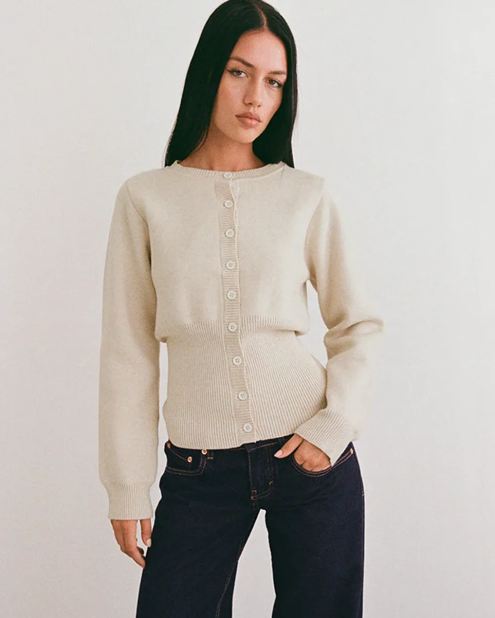 Motel Rocks Subra Long Sleeve Ribbed Hem Cardigan - Ivory^ Sweaters