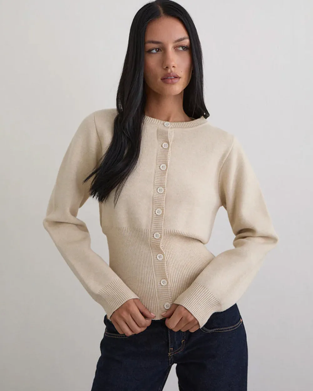 Motel Rocks Subra Long Sleeve Ribbed Hem Cardigan - Ivory^ Sweaters