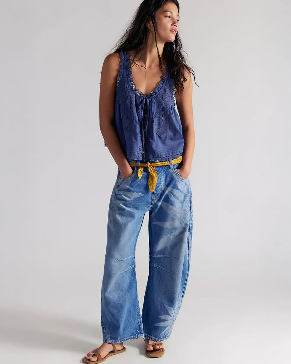 Free People We The Free Good Luck Printed Barrel Jeans - Sun Fade^ Bottoms
