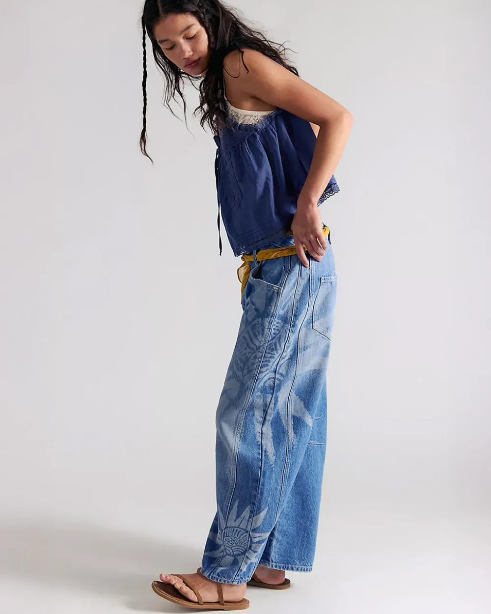 Free People We The Free Good Luck Printed Barrel Jeans - Sun Fade^ Bottoms